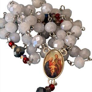 White and Metallic Faceted Holy Family Catholic Rosary